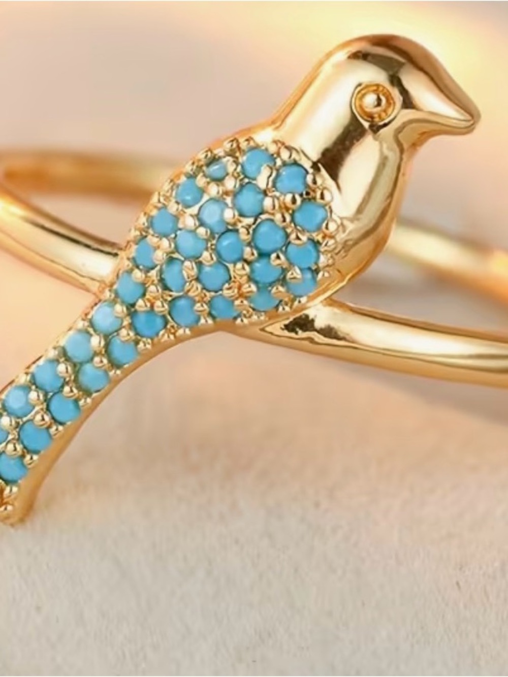 Gold Plated Bird Ring with Turquoise Pavé Stones - Picture 2 of 9